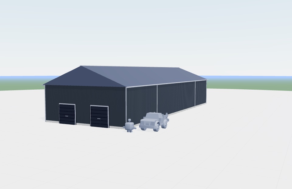 Previzualizare a configuratorului 3D: o hală industrială antracit cu uși secționale, generată live